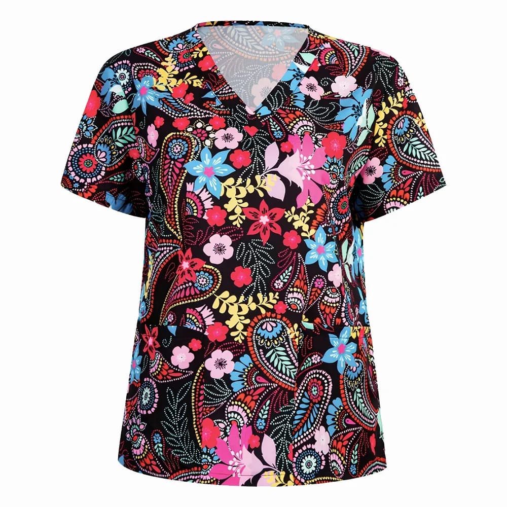 Top con scollo a v con stampa floreale da donna manica corta uniforme da lavoro tasche applicate uniforme da infermiera medica abbigliamento donna