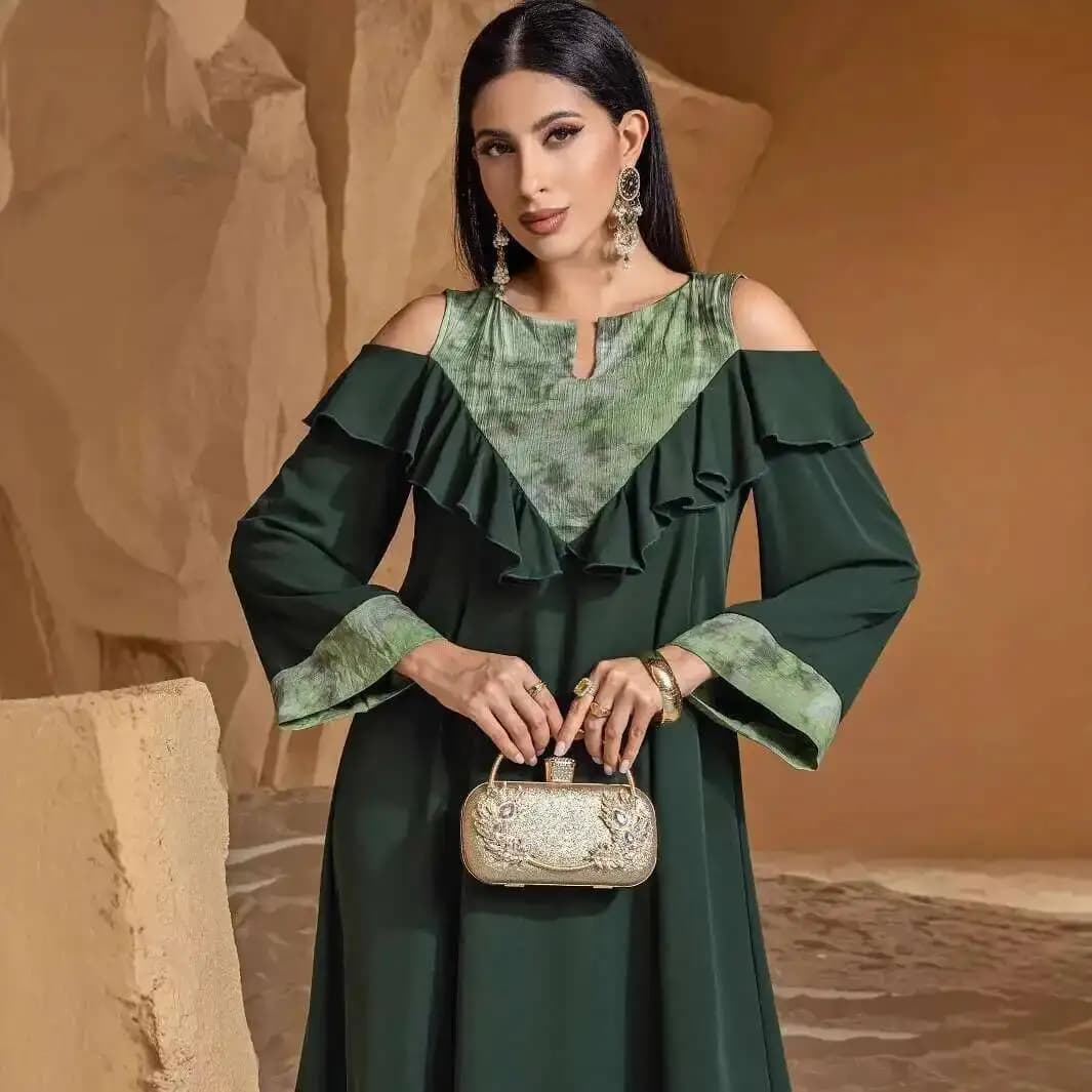 Ba5058 Nuovo Abito Arabo Lungo con Volant, Vestito Lungo Senza Spalle, Abaya Elegante di Lusso per Ramadan Dubai