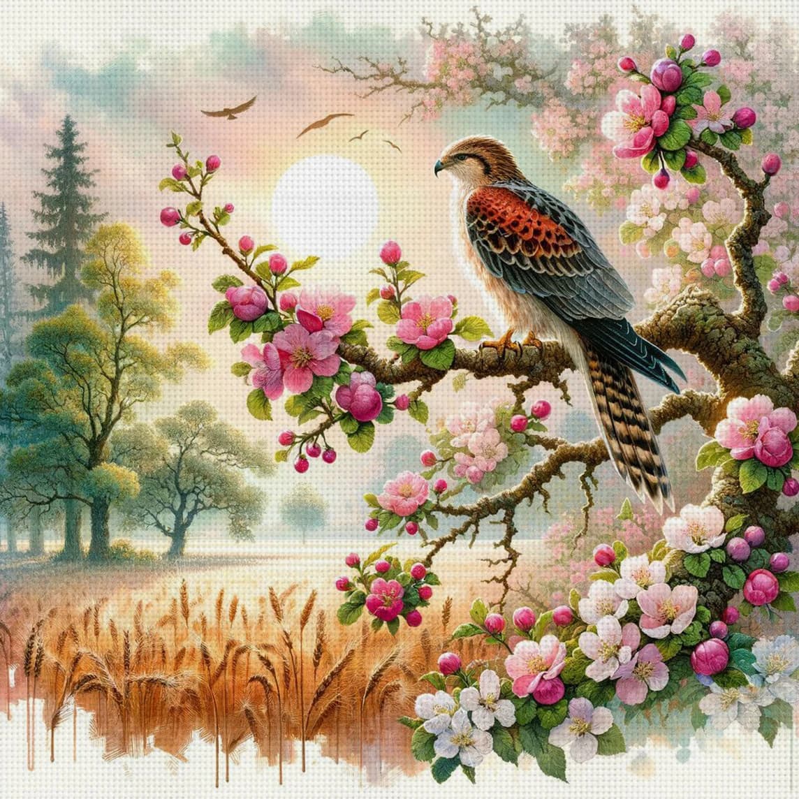 Kit Punto Croce Hawk & Blossom Fai da Te 11CT Ricamo Decorazione Murale Casa Regalo Materiale Fatto a Mano Senza Cornice Semilavorato 36×36cm