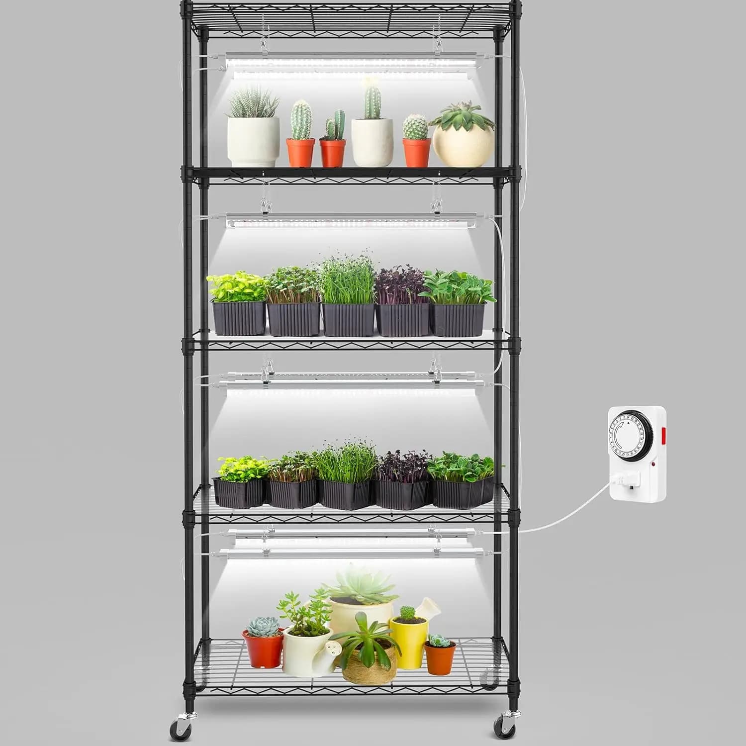 5 levels shelf for indoor plants with full spectrum LED lights, timers and wheels for aromatic herbs, flowers and seed germination