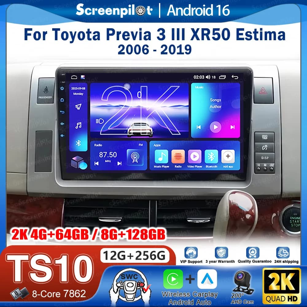 Android 16 For Toyota Previa 3 III XR50 Estima 2006 - 2019 Car Radio Stereo Head Unit CarPlay radio Touch Screen Wifi 8 Core GPS