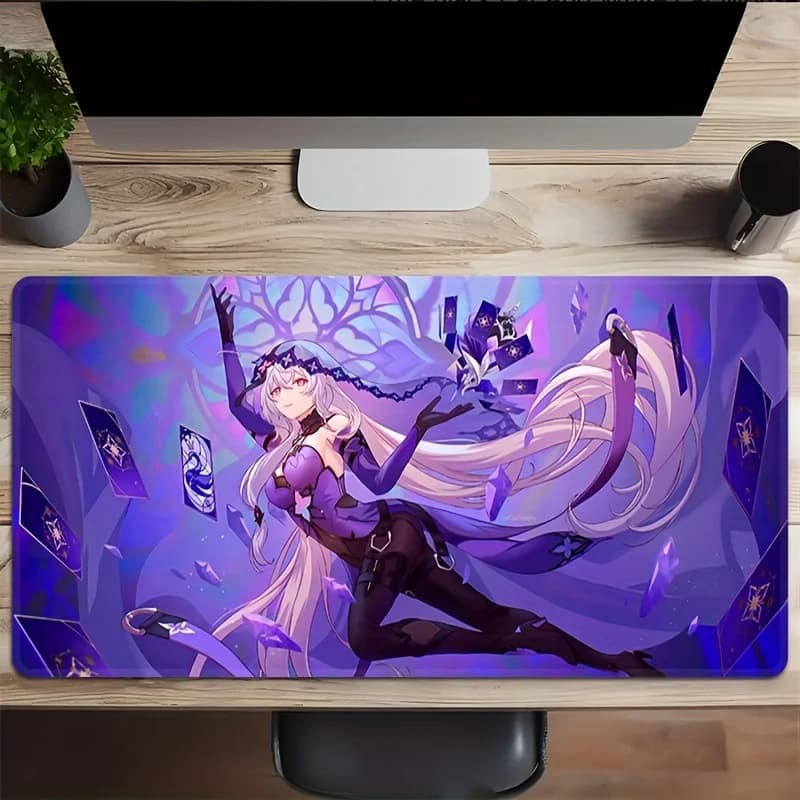 Gaming Mouse Pad, Large Desk Mat, Anti-slip, Stitched Edges, Purple Magical Anime Girl Print, Keyboard Pad for Gaming & Home Use