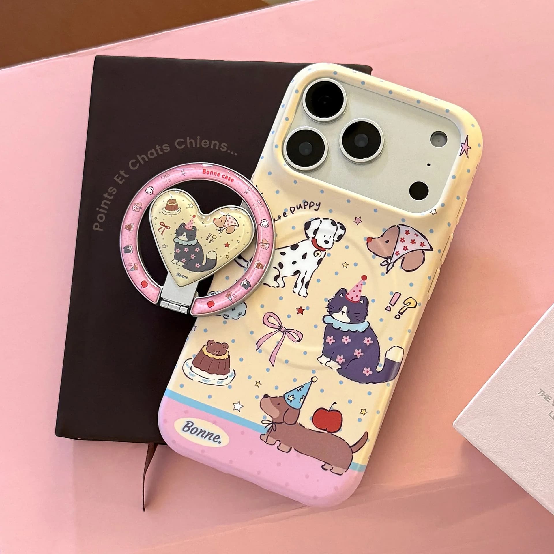 Custodia per telefono antiurto morbida con supporto magnetico a forma di cuore, design coreano con cuccioli e gatti, per iPhone 17 16 15 14 Pro Max