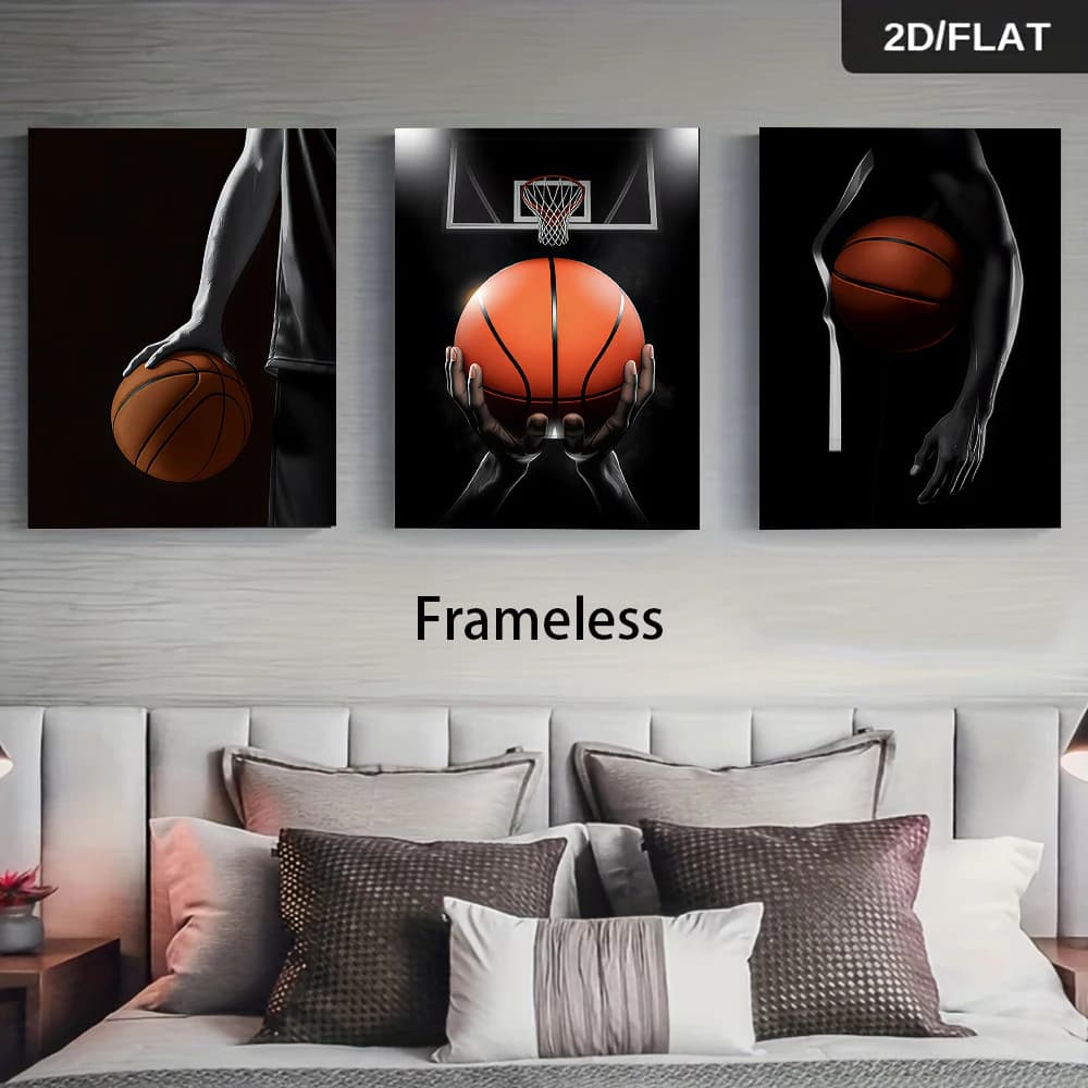 1 set of basketball themed modern minimalist triptych frameless decorative paintings, living room bedroom study wall paintings,