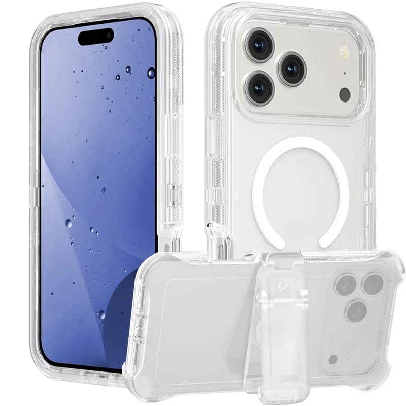 Custodia Protettiva Robusta Anti-Caduta Trasparente per iPhone 17 Pro Max 17E 16E 15 14 13 Plus con Clip da Cintura 3-in-1 Compatibile con MagSafe