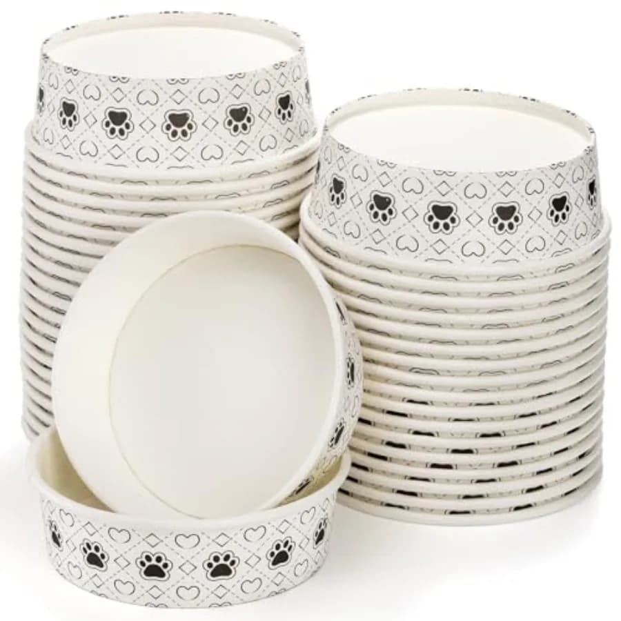 40Pcs Disposable Pets Bowls, 16 oz Paper Dog Food Bowl, Cute Foot Print Design Travel Cat Feeding Bowl for Small Dog Puppy Dry