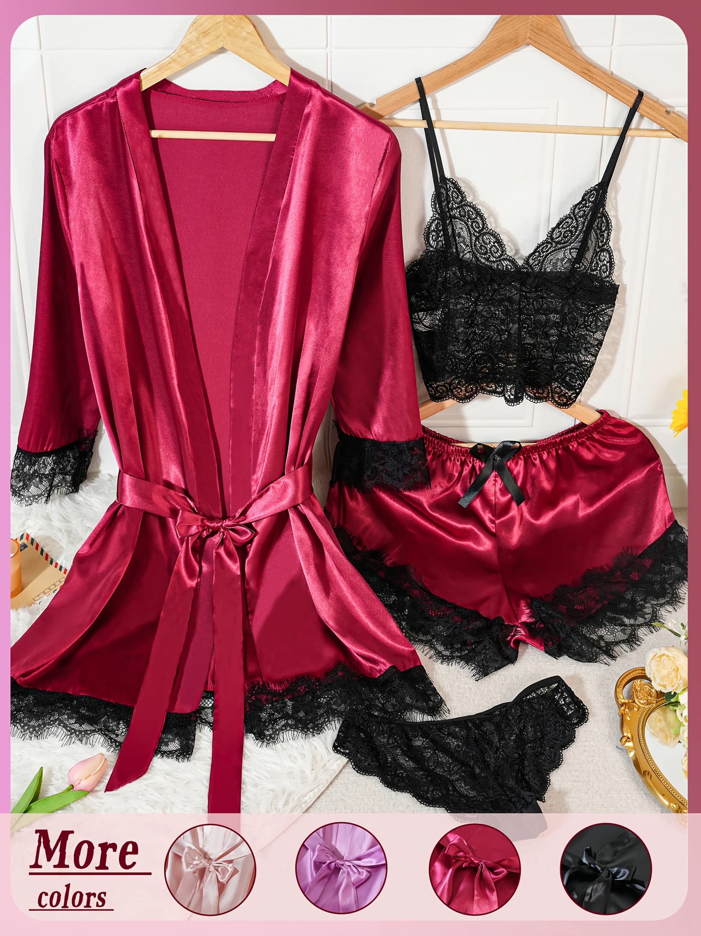 4 pcs women's pajamas in satin set lace lingerie sexy silk bed garments night shirt in satin soft pajamas nightdress nightdress