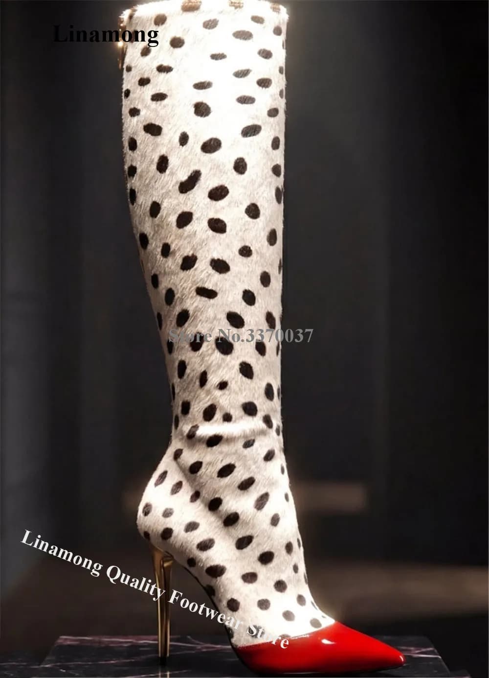 Linamong Black Spotted Pattern Stiletto Heel Knee High Boots Red Pointed Toe White Suede Back Zipper-up Thin Heel Long Boots