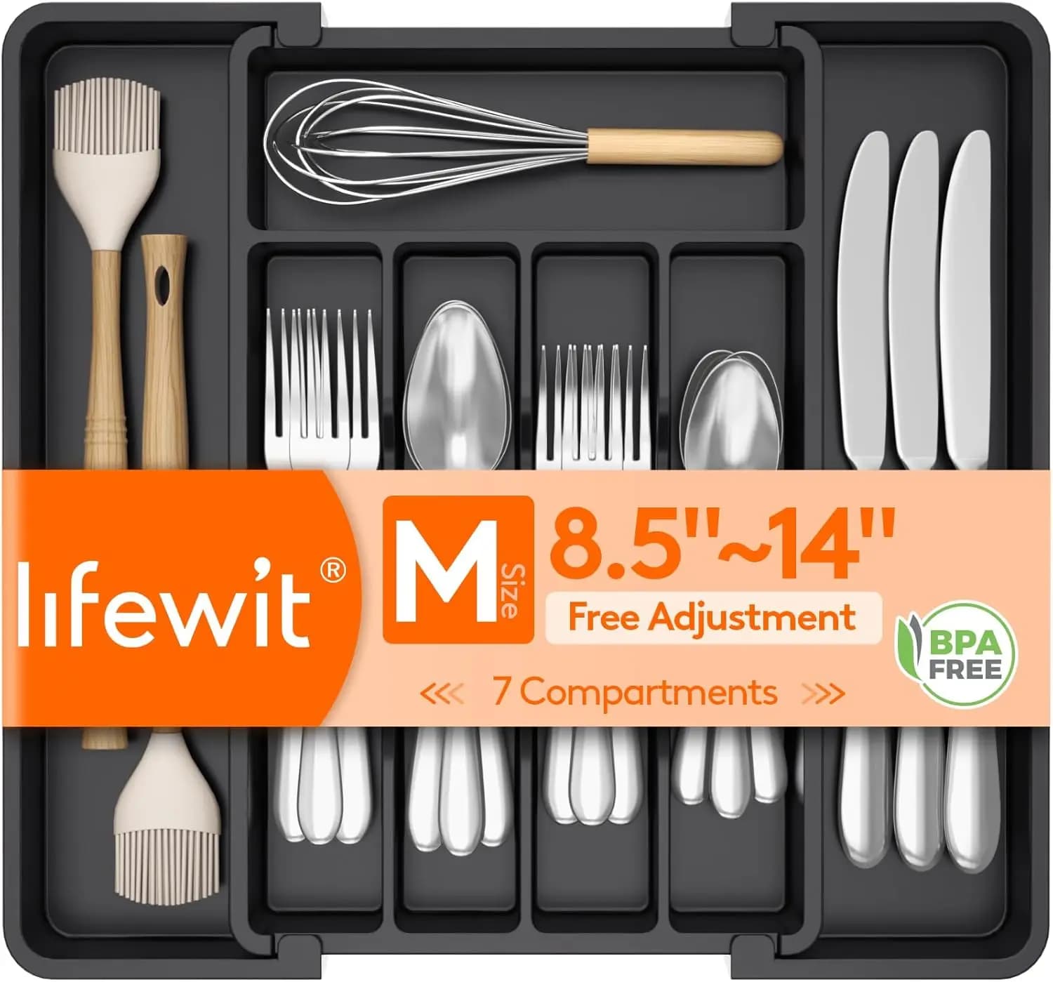 Organizzatore Espandibile per Cassetti da Cucina, Vassoio Regolabile per Posate, Cucchiai, Forchette e Coltelli, Contenitore in Plastica Senza BPA, Nero