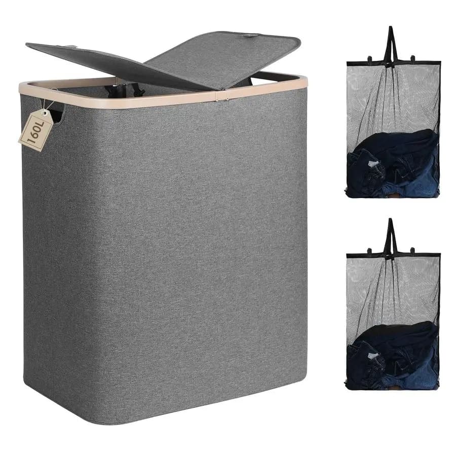Cesto per Bucato Doppio da 160L con Coperchio Rimovibile e Sacchi per Bucato, Grande Cesto Pieghevole con 2 Scomparti, Grigio Scuro