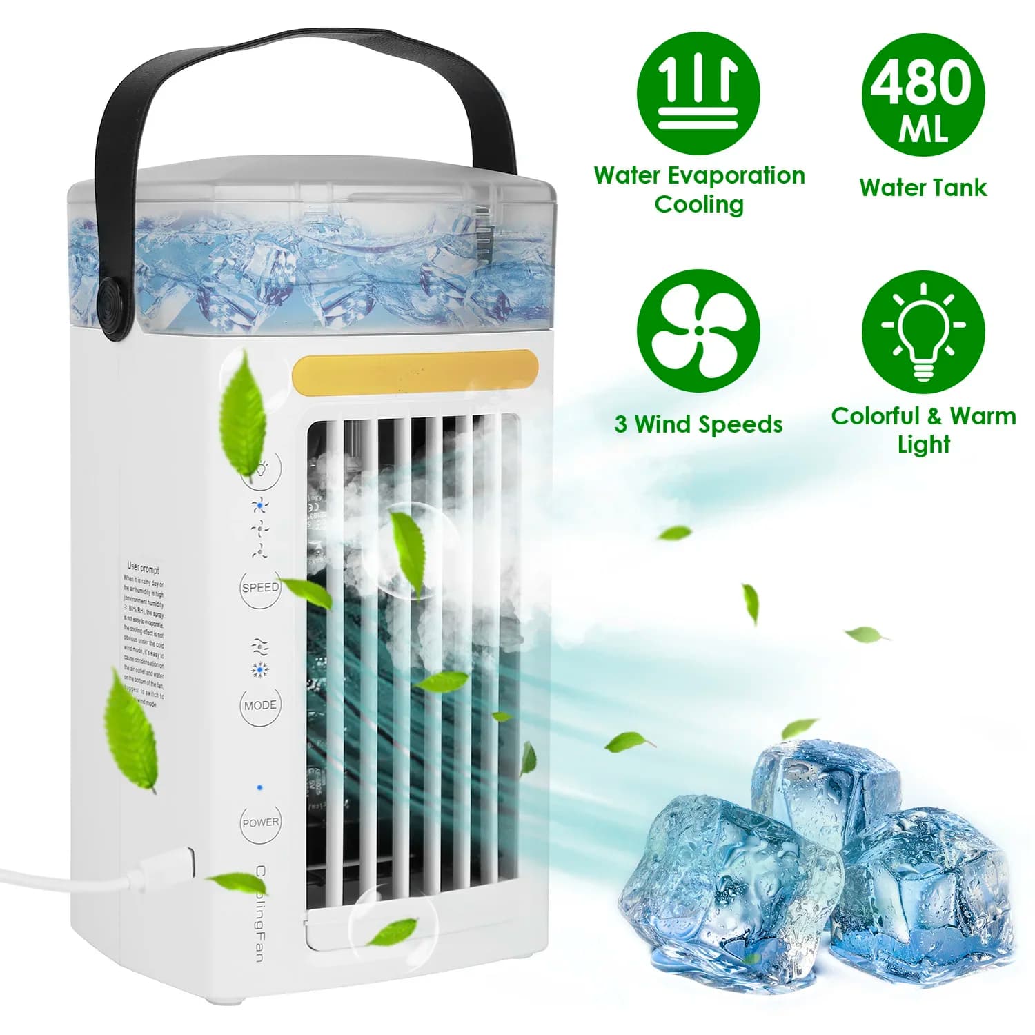 Ventilatore USB per aria fredda Luce notturna a colori caldi anteriori Serbatoio dell'acqua Luce a sette colori Controlla separatamente l'ingresso dell'aria Fil a carbone attivo