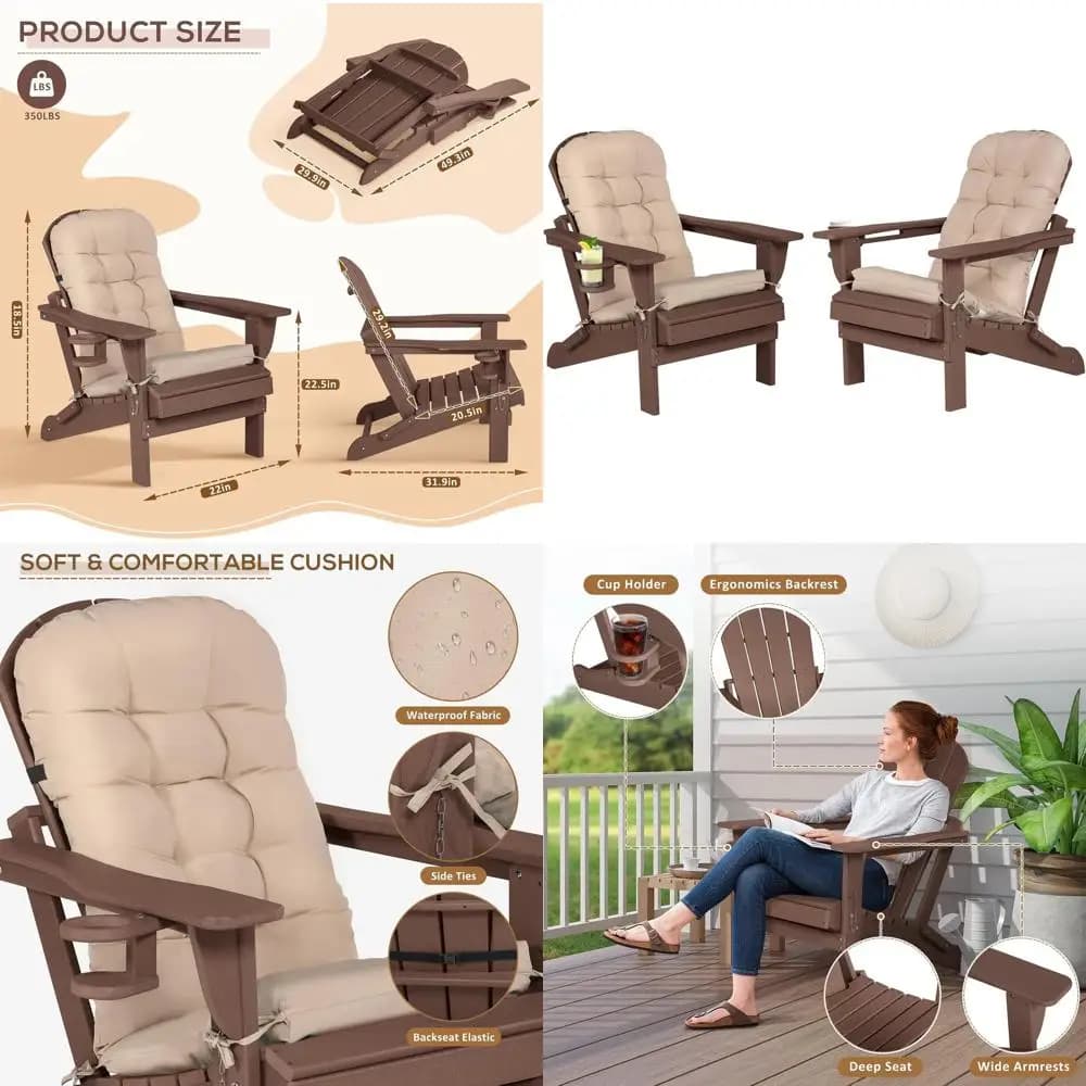 Set di 2 sedie Adirondack con cuscino e portabicchieri, sedie Adirondack pieghevoli in HDPE con venature effetto legno, sedie da esterno per braciere