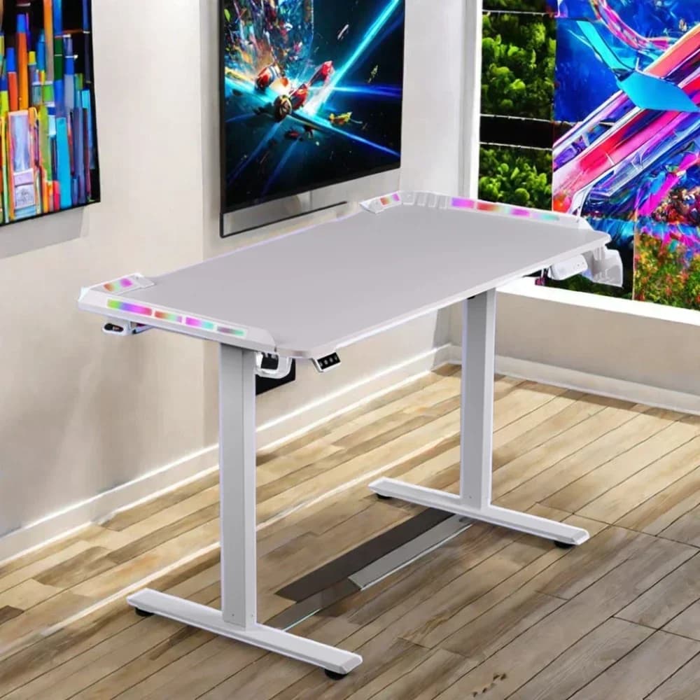 l Scrivania da gioco in stile moderno con illuminazione RGB Tavolo da gioco elettrico regolabile in altezza edizione bianca