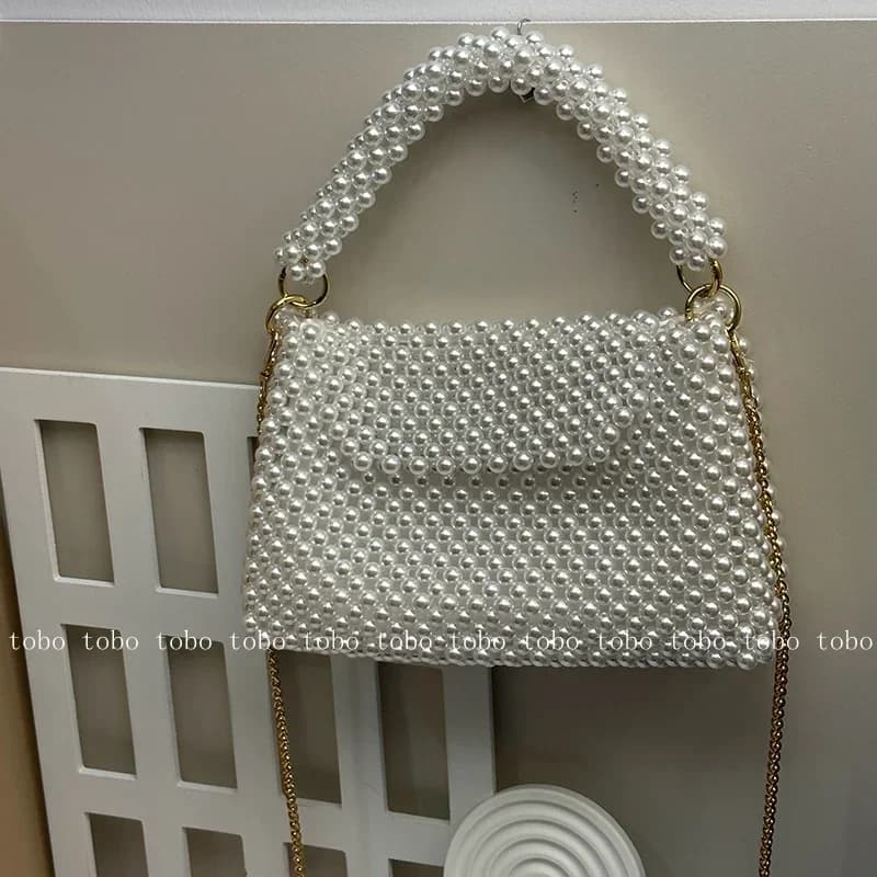 Ins Superlatives Pearl Bead Wallets for Women Hollow Out Totes Bag Retro Inner Gorgeous Golden Chain Crossbody Bags