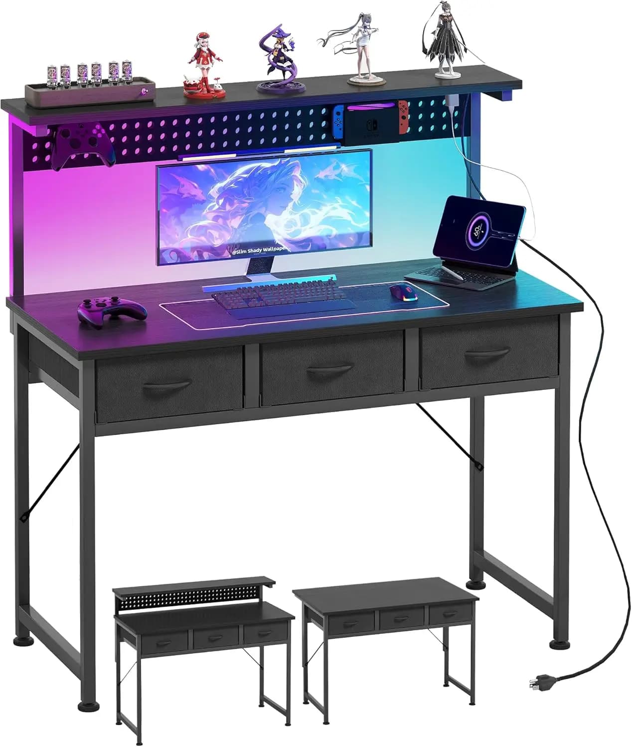 Scrivania da Gaming da 40 Pollici con Cassetti, Presa di Corrente e Luce LED, Supporto Monitor Regolabile e Pannello Forato per Camera da Letto o Studio Moderno, Nera