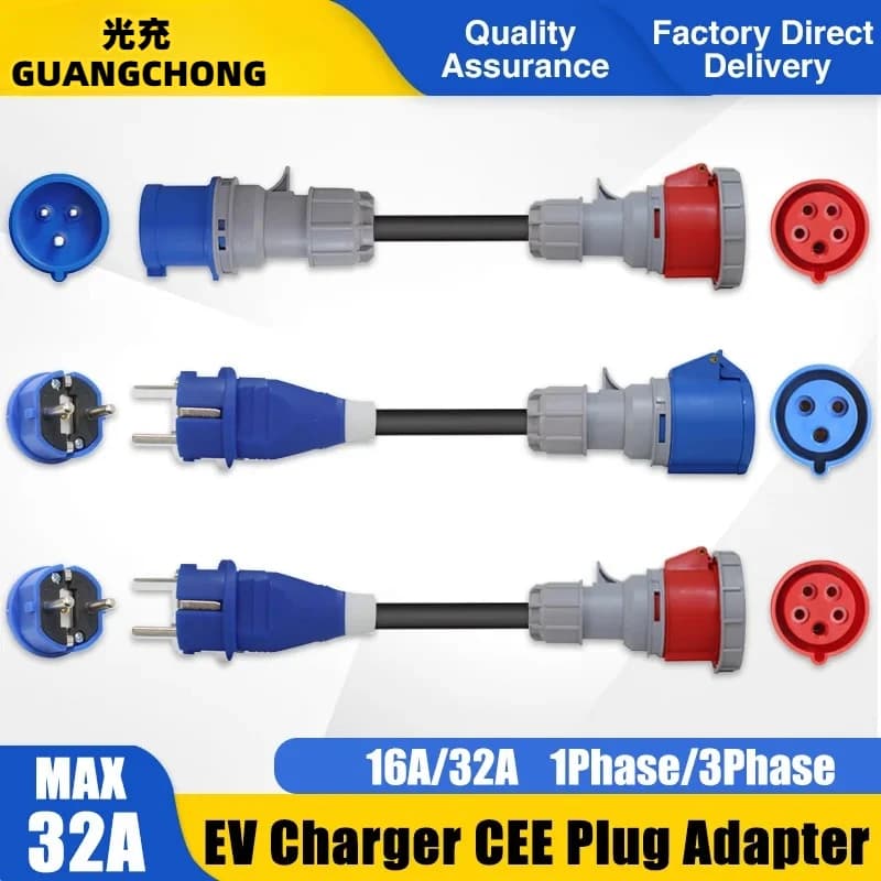Caricatore EV CEE Spina femmina 32A Adattatore monofase 7KW EU Schuko 16A CEE Presa maschio Connettore trifase per la ricarica di veicoli elettrici