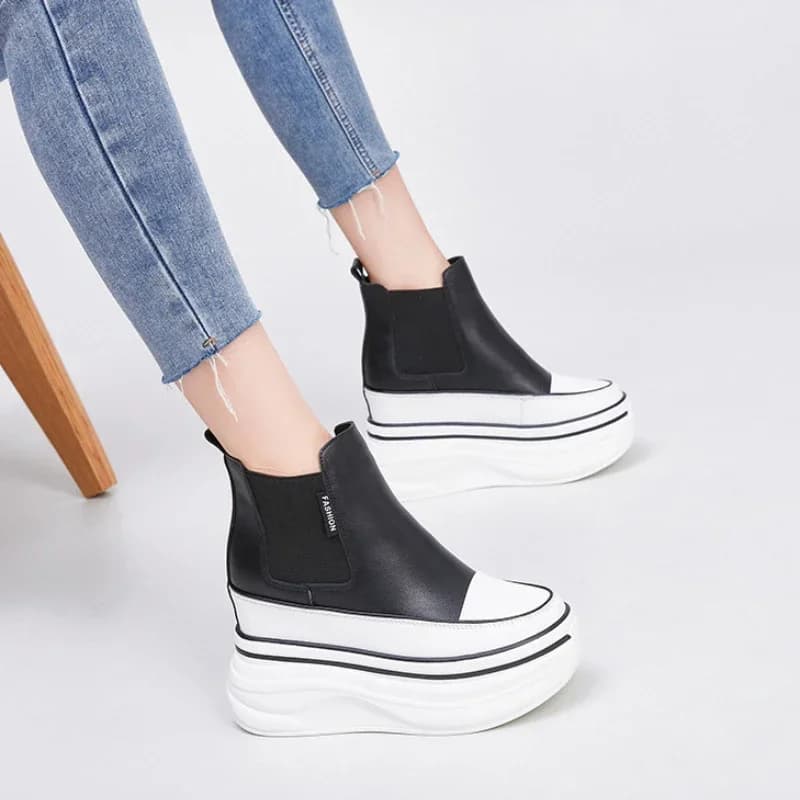 Stivaletti Chelsea da Donna in Vera Pelle ROME 10cm, Stivali Autunnali Stabili con Supporto Elastico per Arco Plantare, Scarpe da Moto Primaverili