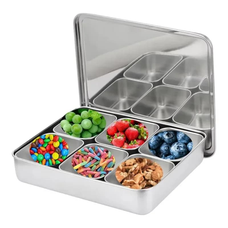 Utensili da cucina, set di contenitori per condimenti a 6 scomparti, scatola per spezie, vassoio in acciaio inossidabile con coperchio per porzioni singole.