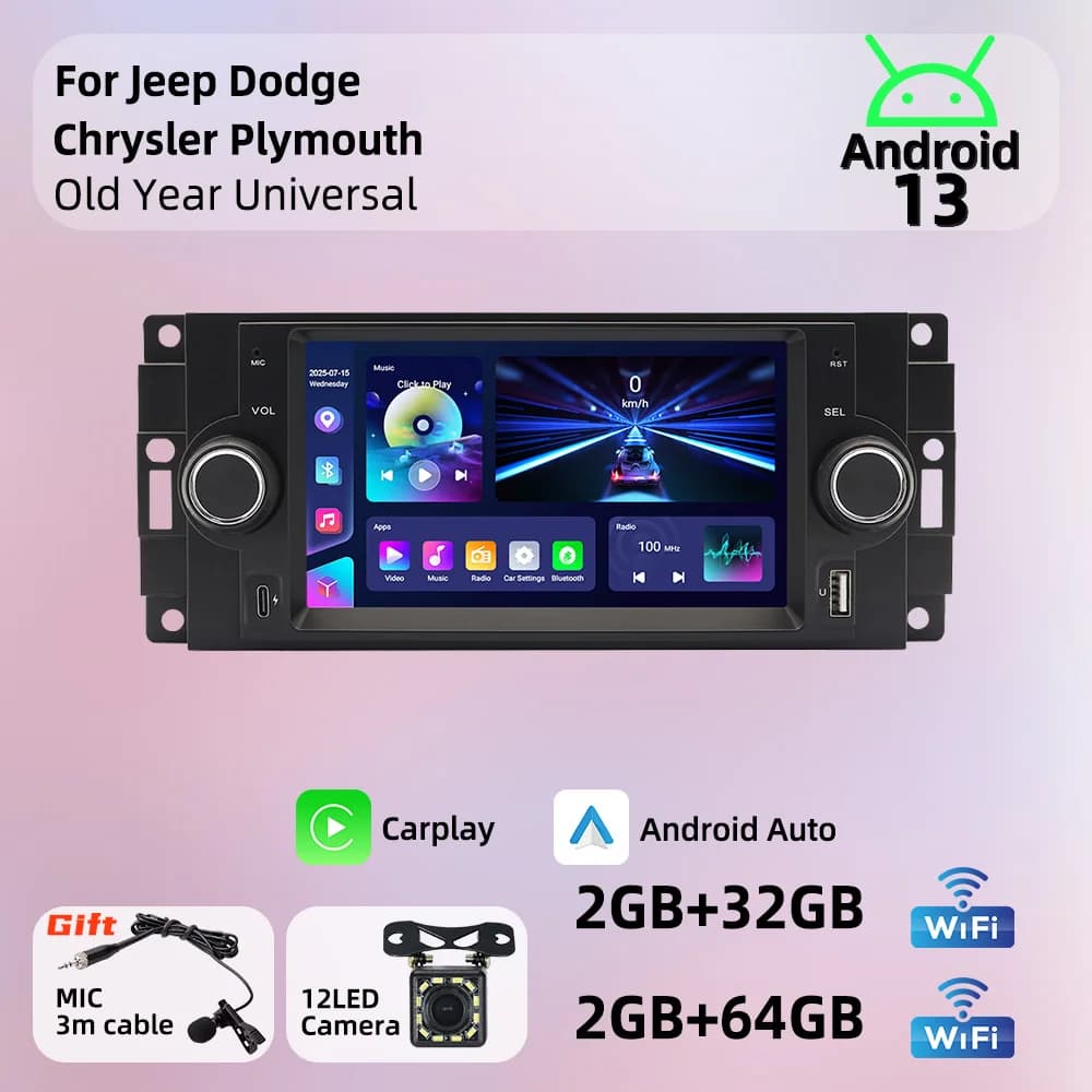 For Jeep Dodge Chrysler Plymouth Old Year Universal Android Car Multimedia 1Din 6.2" Screen Carplay Radio Stereo Head Unit GPS