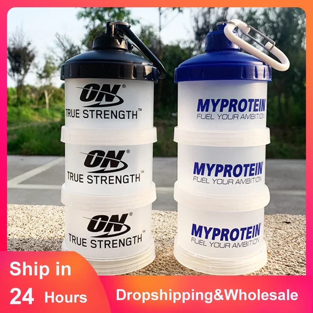 Portable 3 Layers for Powder Protein with Funnel, Fitness Supplement Bottle, Medicine Box and Snack with Handle