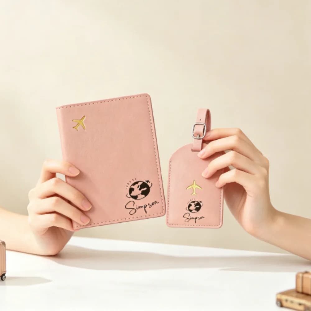 Custom Name Passport Holder & Luggage Tag Set, Cute Leather Travel Wallet, Sweet Meaningful Anniversary Gift