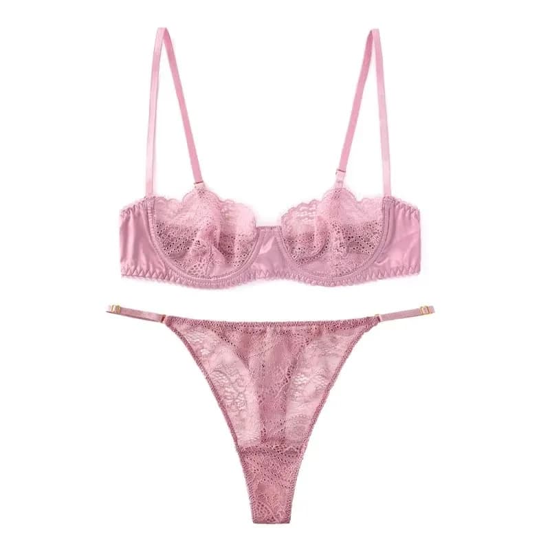 Reggiseno e slip in pizzo ultra sottile Set intimo lingerie sexy Prospettiva Tentazione Set reggiseno trasparente sexy Reggiseno francese Rosa 2024