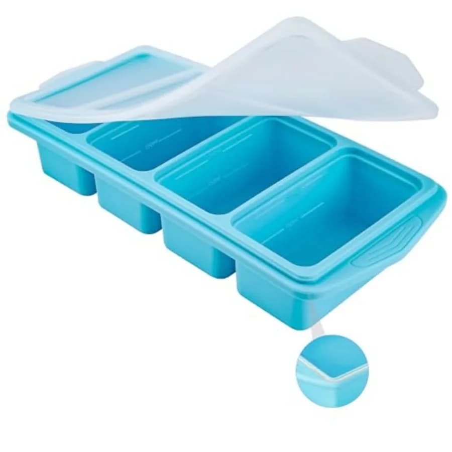 Serenity Blue Silicone Freezer Tray with Lid Dual 1/2 Cup and 1 Cup Portion Cube Mold for Soup, Sauce, and Baby Food Stackable