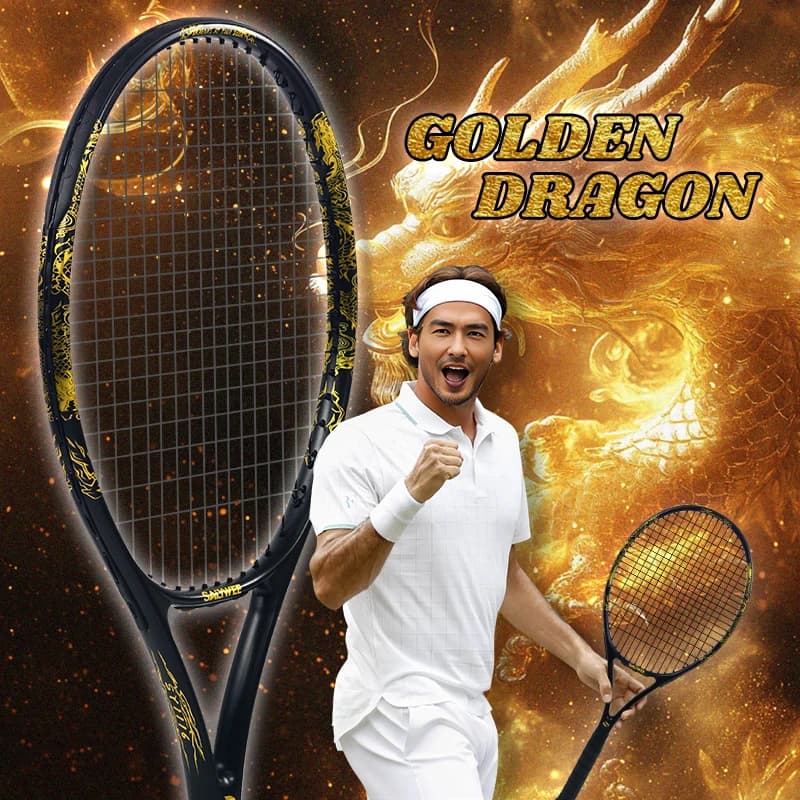 Racchetta da tennis in fibra di carbonio Golden-Dragon per adulti, ideale per l'allenamento intermedio, stile drago cinese, 50~60 libbre, regali gratuiti