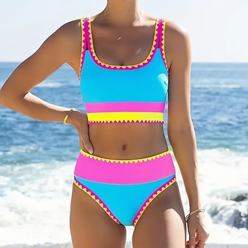 Costume da bagno bikini a vita alta da donna, tre pezzi con gonna, colori a contrasto, bordo smerlato, stile vacanza