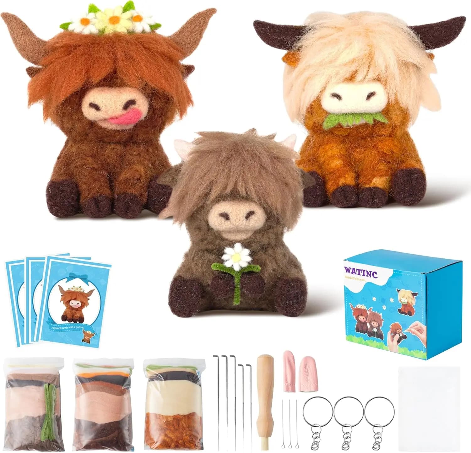 Kit per infeltrimento con ago - 3 set di strumenti in feltro di lana, decorazioni fai da te per la casa per principianti (Mucca delle Highland)