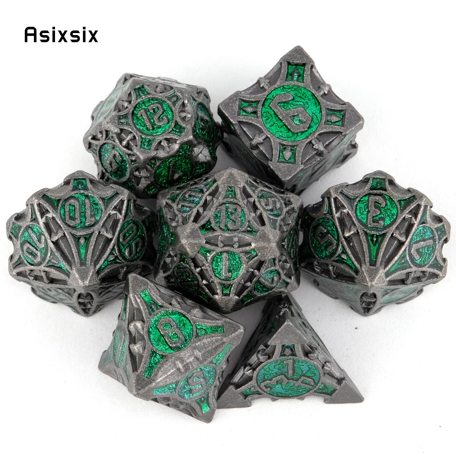 Dadi in metallo, perfetti per giochi di ruolo da tavolo e giochi di carte. Set di dadi poliedrici in metallo solido, colore argento e verde, 7 pezzi, adatti per