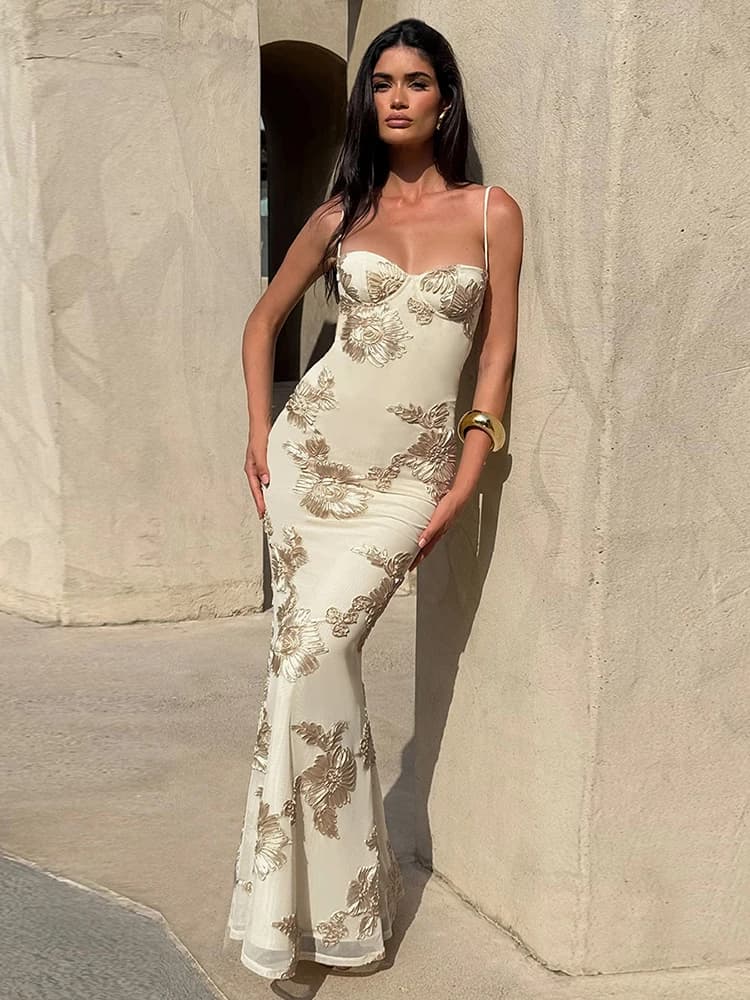Strano gatto fiore ricamo maxi vestito da donna collo basso fasciatura incrociata backless estate strada nuova tendenza skinny abiti eleganti