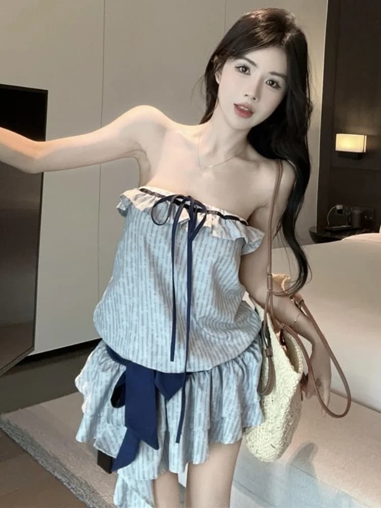 Abito Estivo da Donna a Righe con Spalle Scoperte e Laccetti, Vestito Midi Slim Fit con Bordo in Pizzo, Stile Coreano, Casual da Lavoro, Modello A-Line