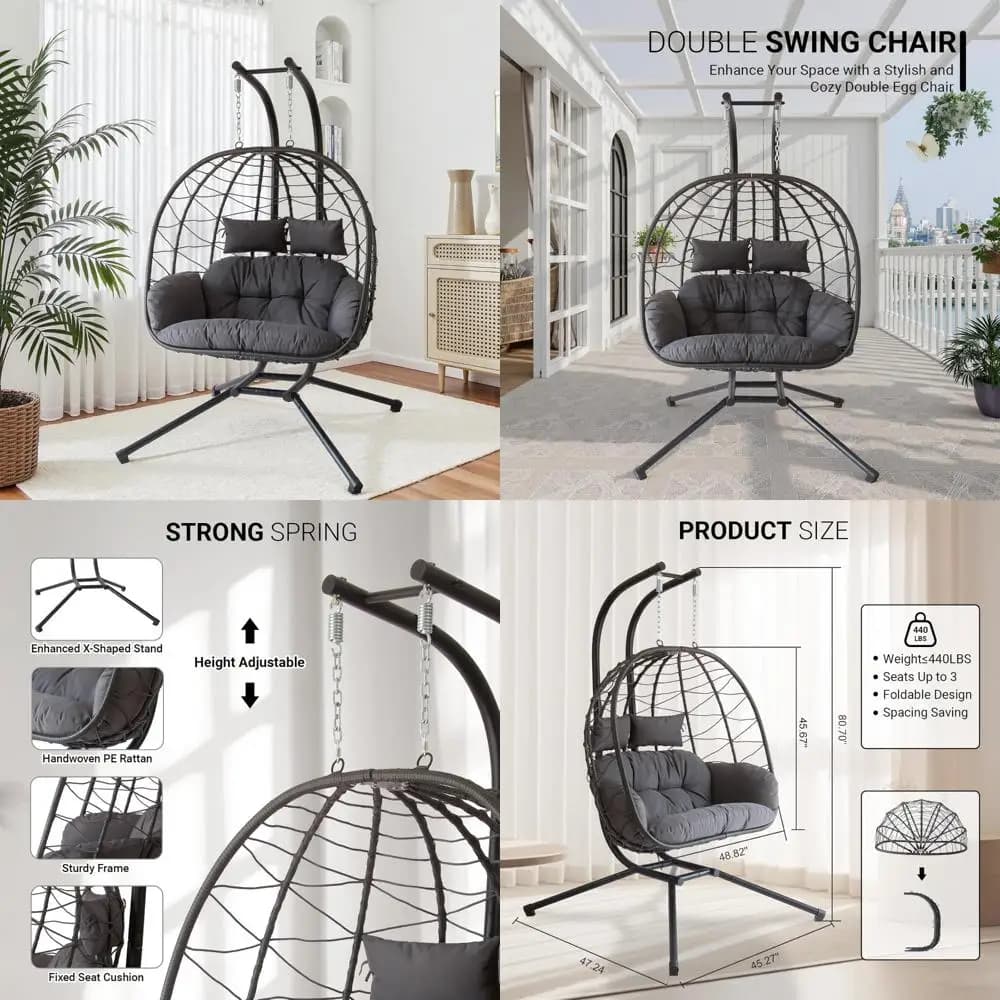 Hanging egg chair in patio wickers with thick cushion, galvanized steel frame, UV-resistant for outdoor swinging comfort