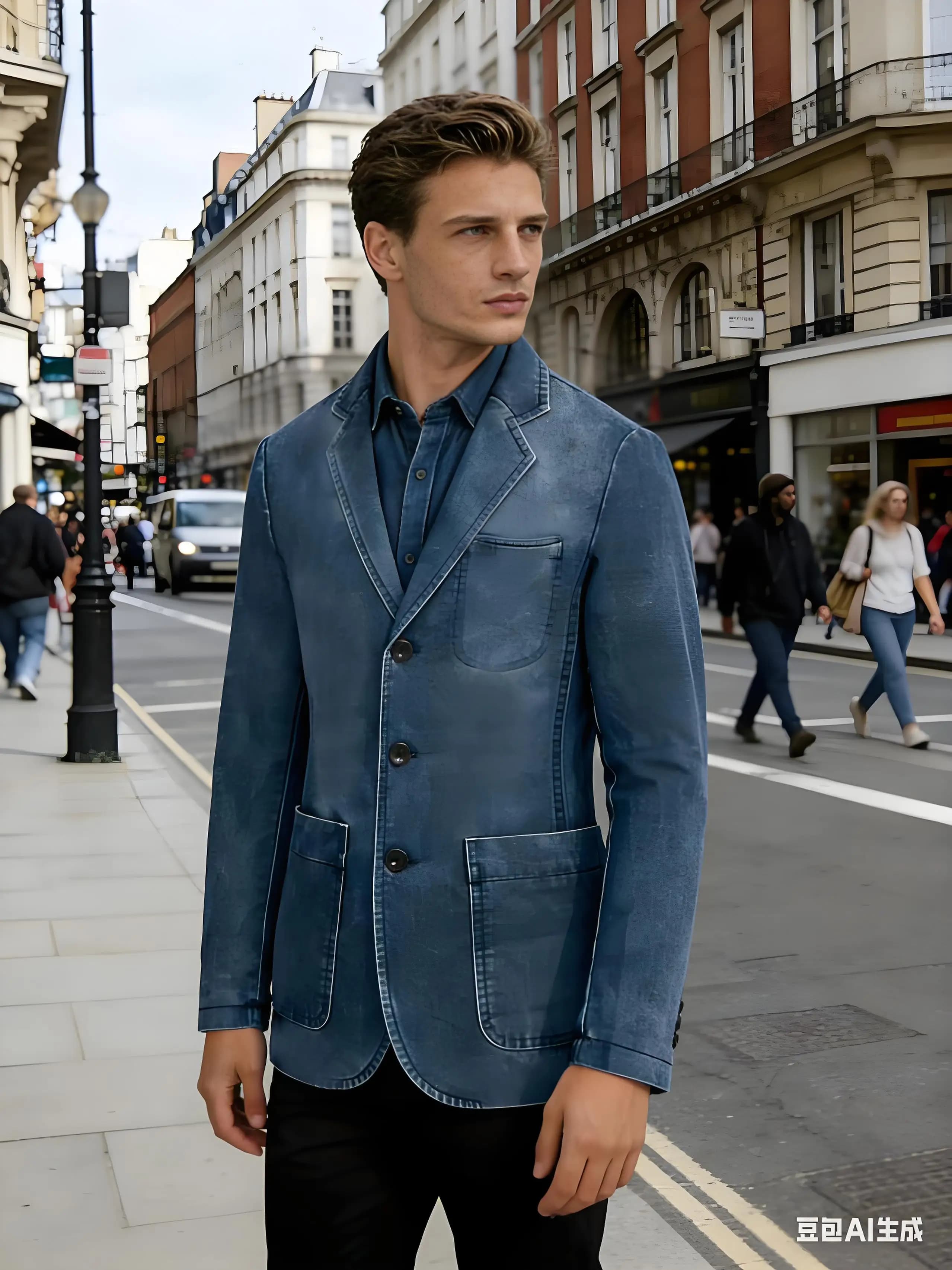 Blazer casual in denim da uomo con risvolto a punta, giacca in jeans leggera ed elasticizzata, giacca sportiva con tasche