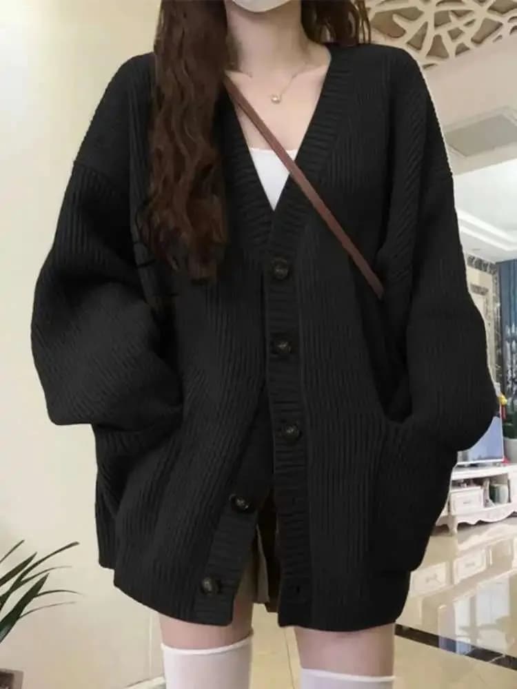 Cardigan allentato da donna manica lunga scollo a V lavorato a maglia nero slouchy tutto-fiammifero femminile autunno inverno cappotti coreano chic larghi top MLQ9