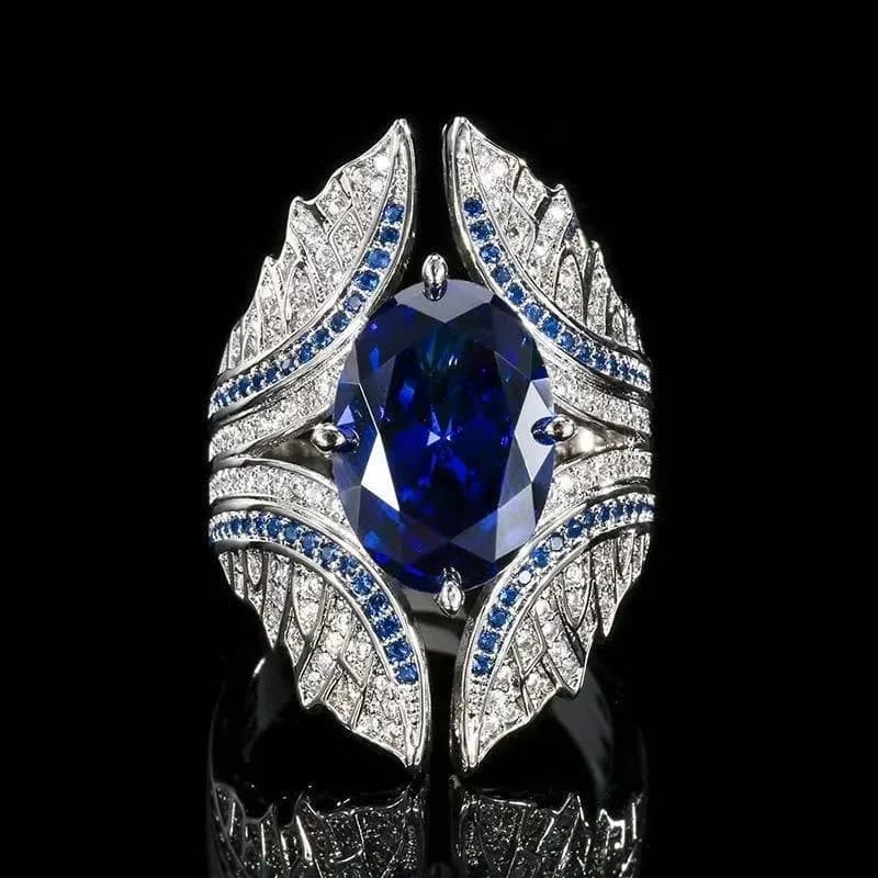 Nuovo Anello in Rame Placcato Argento con Zaffiro e Diamanti Imitazione, Anello Aperto con Diamanti, Anello Esagerato di Lusso Leggero
