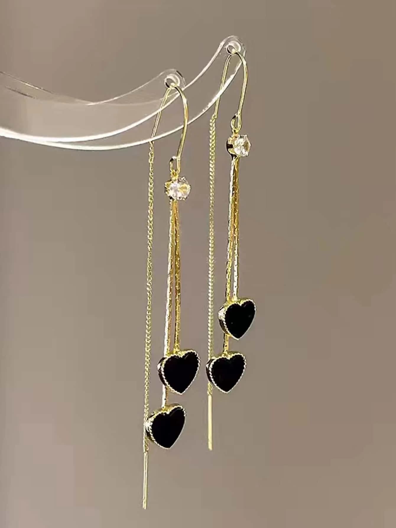 1 pair black dual heart shaped ear line earrings for women anti fall daily wear