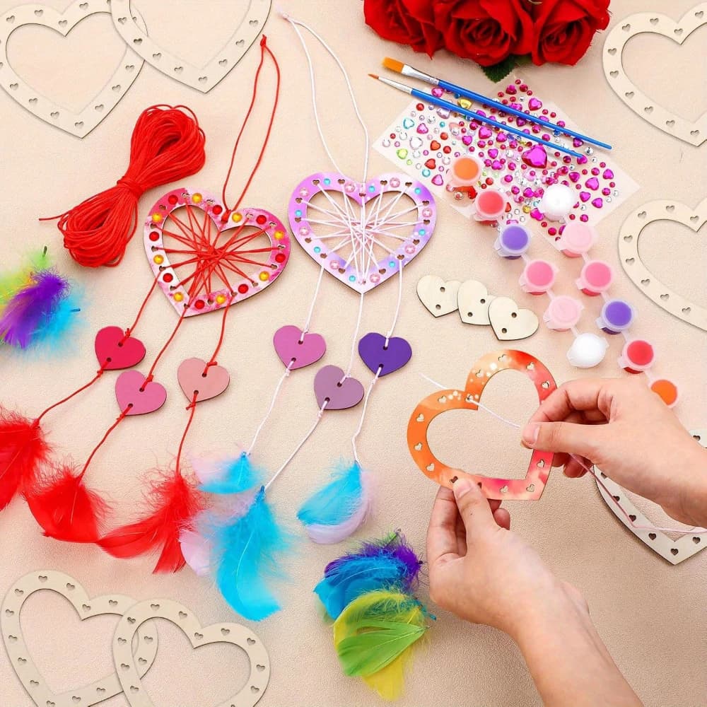 Wooden Heart Dream Catcher DIY Kit - Holiday Pendants Hanging Ornaments for Mother's Day Decoration Painted Heart Shaped Set