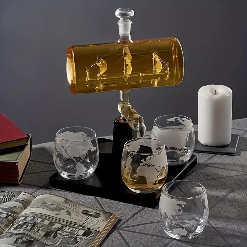 A Complete Set Featuring a 44Oz/1300Ml Cylindrical Decanter, Four 350Ml/11.84Oz Glass Cups, And a Wooden Base, Perfect for Home Kitchen Decor And As Gifts for Birthdays And Christmas for Both Men And Women.