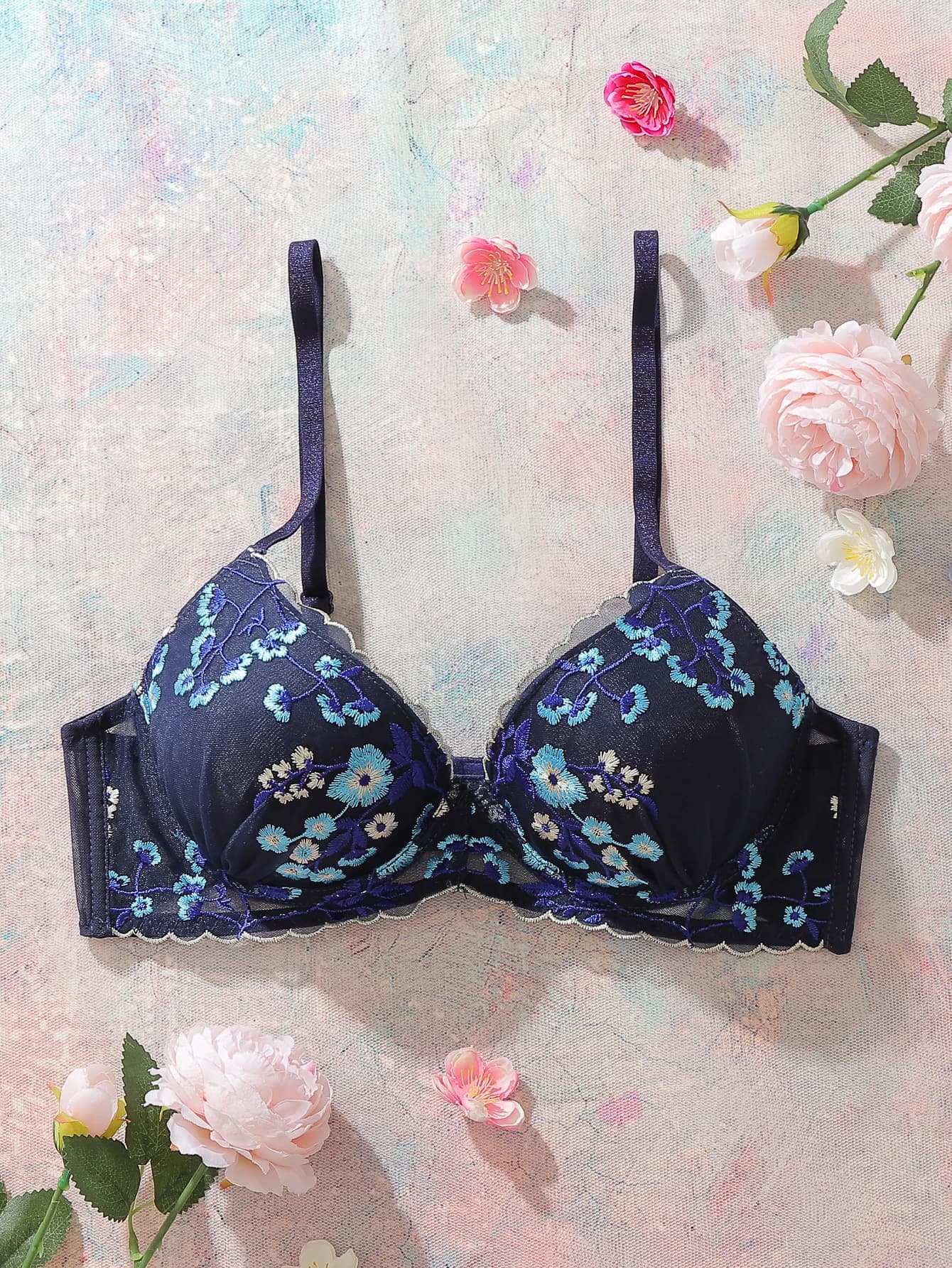 Reggiseno da donna sottile per tutti i giorni, morbido in maglia, push-up, con ricamo floreale e pizzo traspirante, con ferretto