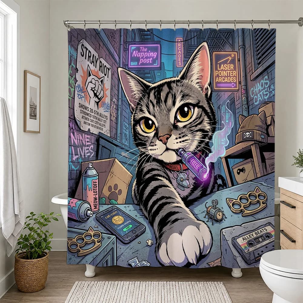 Stray Cat Arcade Neon Sign Bathroom Shower Curtain Pop Culture Retro Gaming Aesthetic Shower Curtain