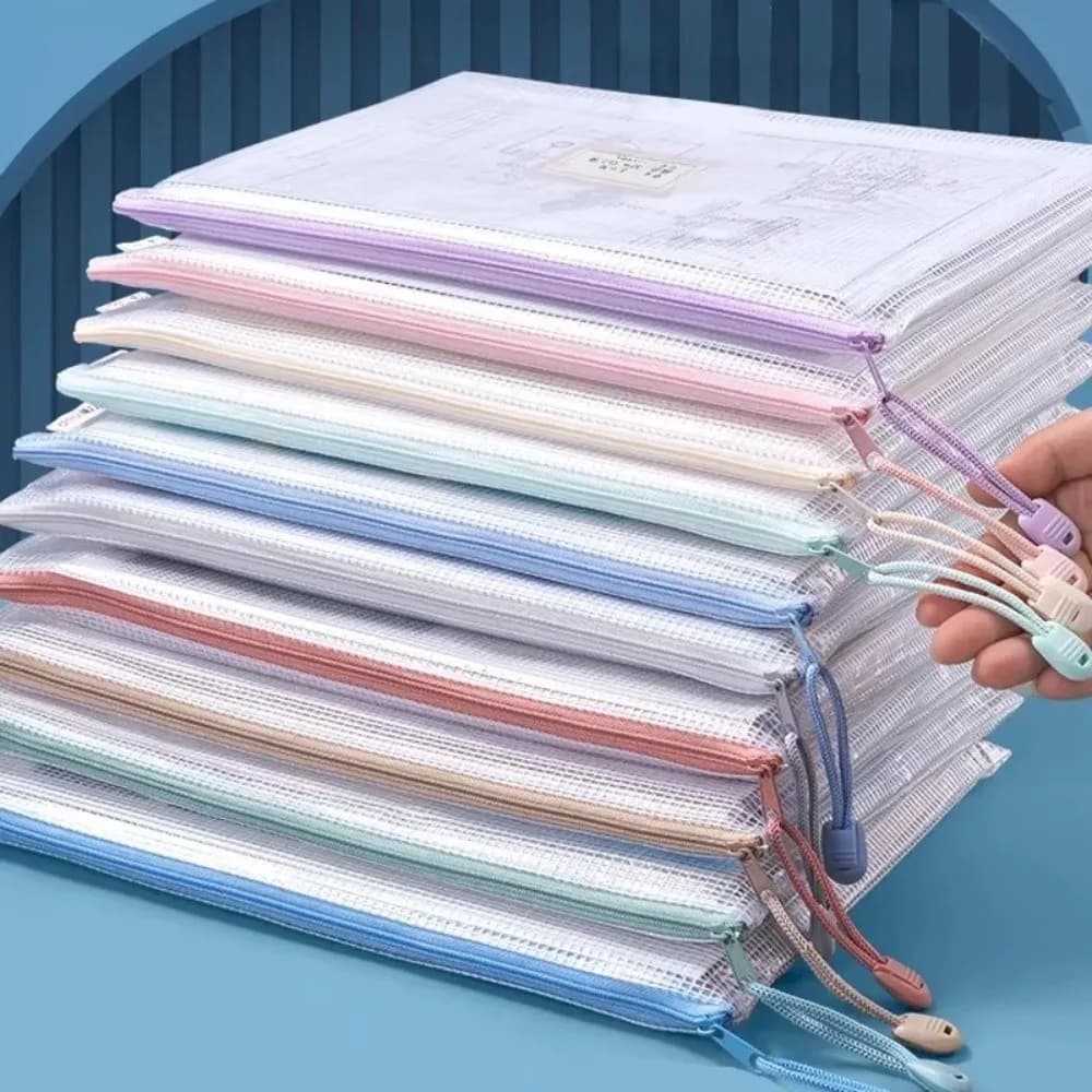 5pcs A4 Mesh Zipper Pouch Large Capacity with Lanyard Document Organizer Bag File Folder Organizer Waterproof
