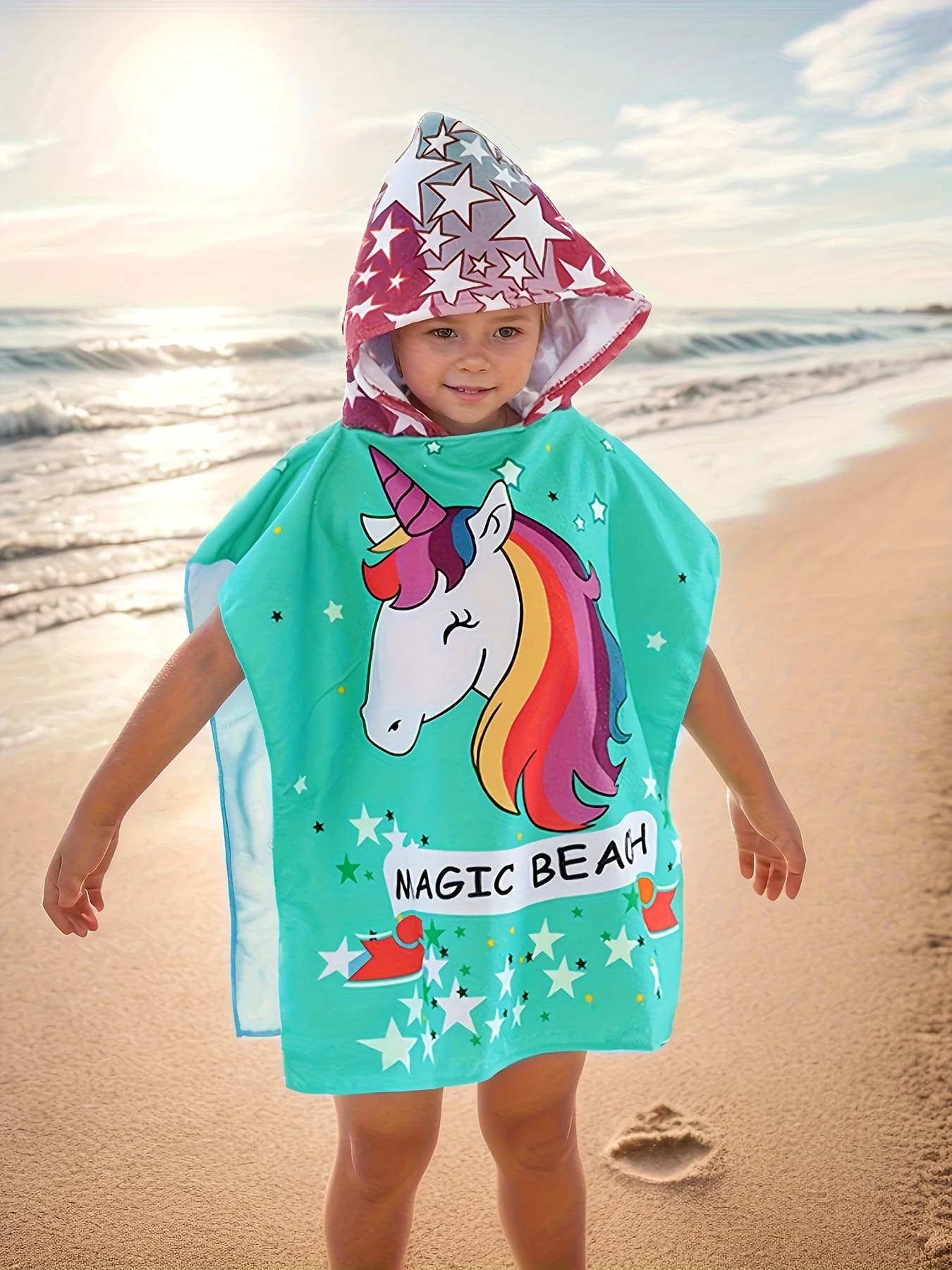 Asciugamano da Spiaggia con Cappuccio Unicorno Magico, Poncho per Bambini, Accappatoio ad Asciugatura Rapida Senza Sabbia per Ragazze, Piscina, Viaggi, Vacanze, Regalo