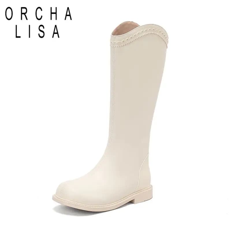 ORCHA LISA 2025 RetroInspired Girls Knee High Boots Round Toe Flats Zipper Small Size 31 32 33 Fashion Daily Bota Beige Black