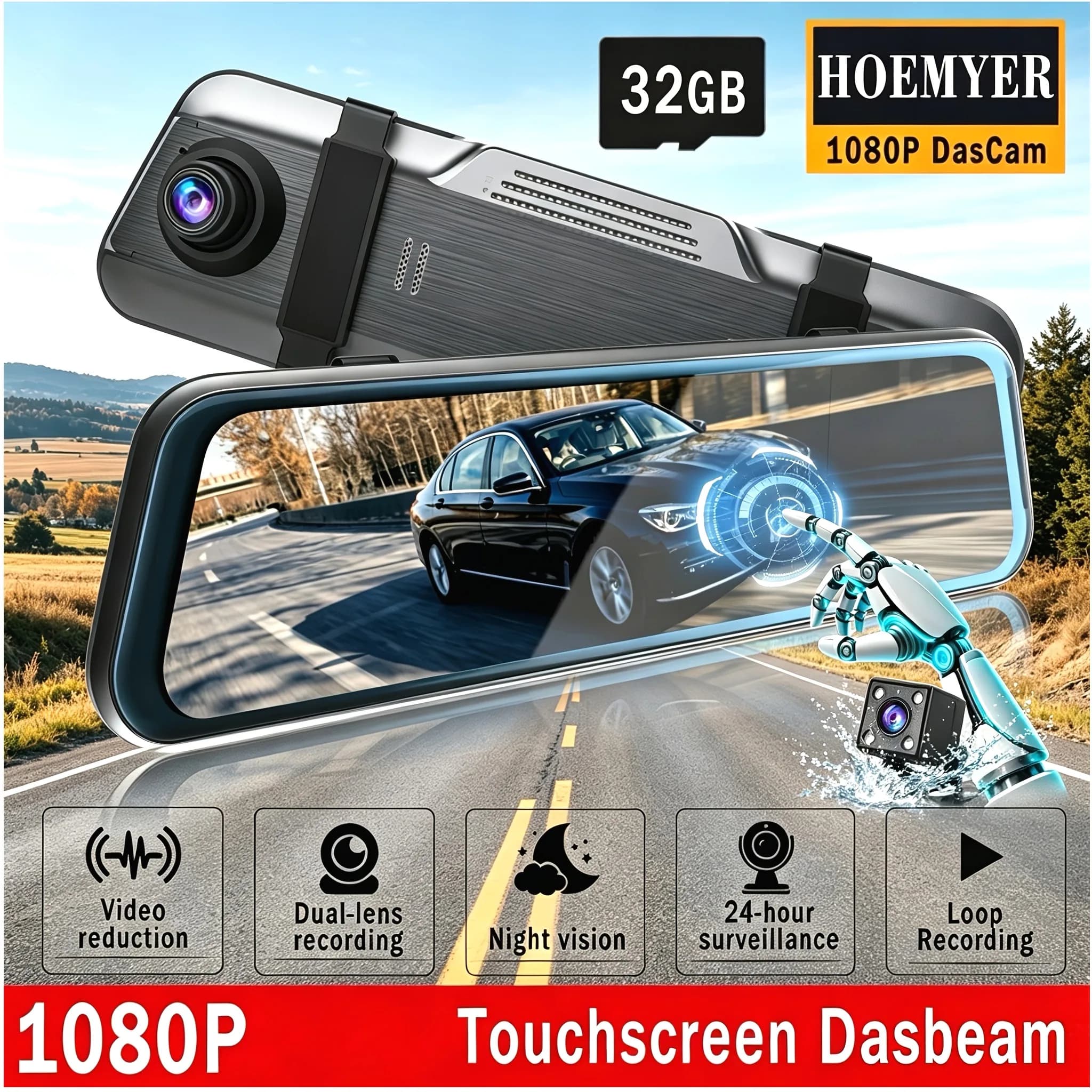 Smart Rearview Mirror Dash Cam with 9.66-inch Full Touch Display • 1080P Front + 720P Rear Camera • 170° Wide-Angle Lens • HD Night Vision • Loop Recording • Built-in G-Sensor • Supports Up to 32GB Micro SD Card (Optional) • Plug-and-Play Installation • C
