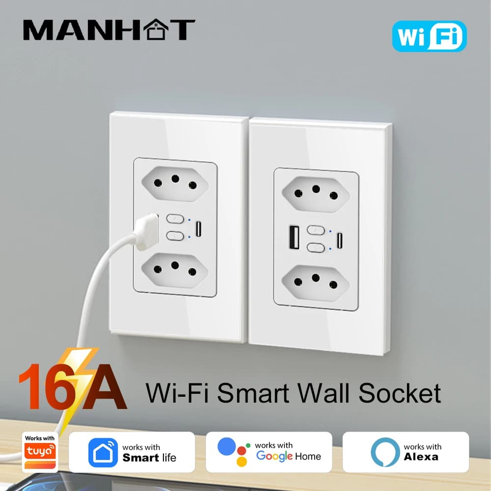 MANHOT Wifi Smart Brazil Socket Switch with USB Type-C Plug Outlet Remote Control Energy Saving Work with Tuya Alexa Google Home