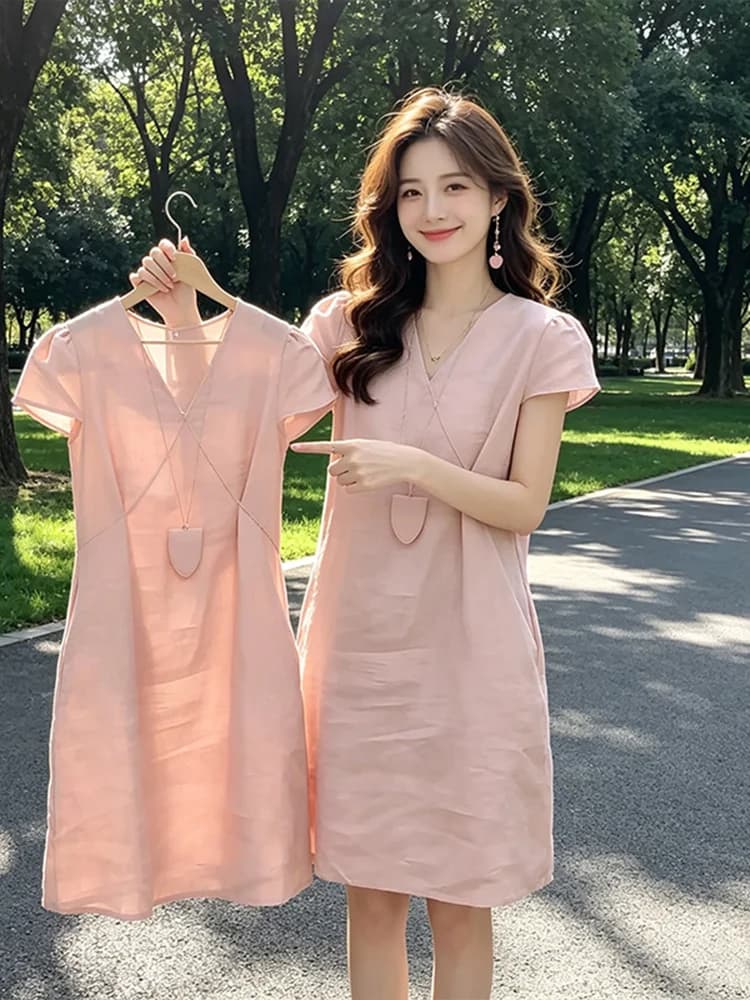 Summer V-neck Straight-cut Short-sleeved Dress Women's Pink Skirt Casual High-waisted A-line Dress Polyester Fiber