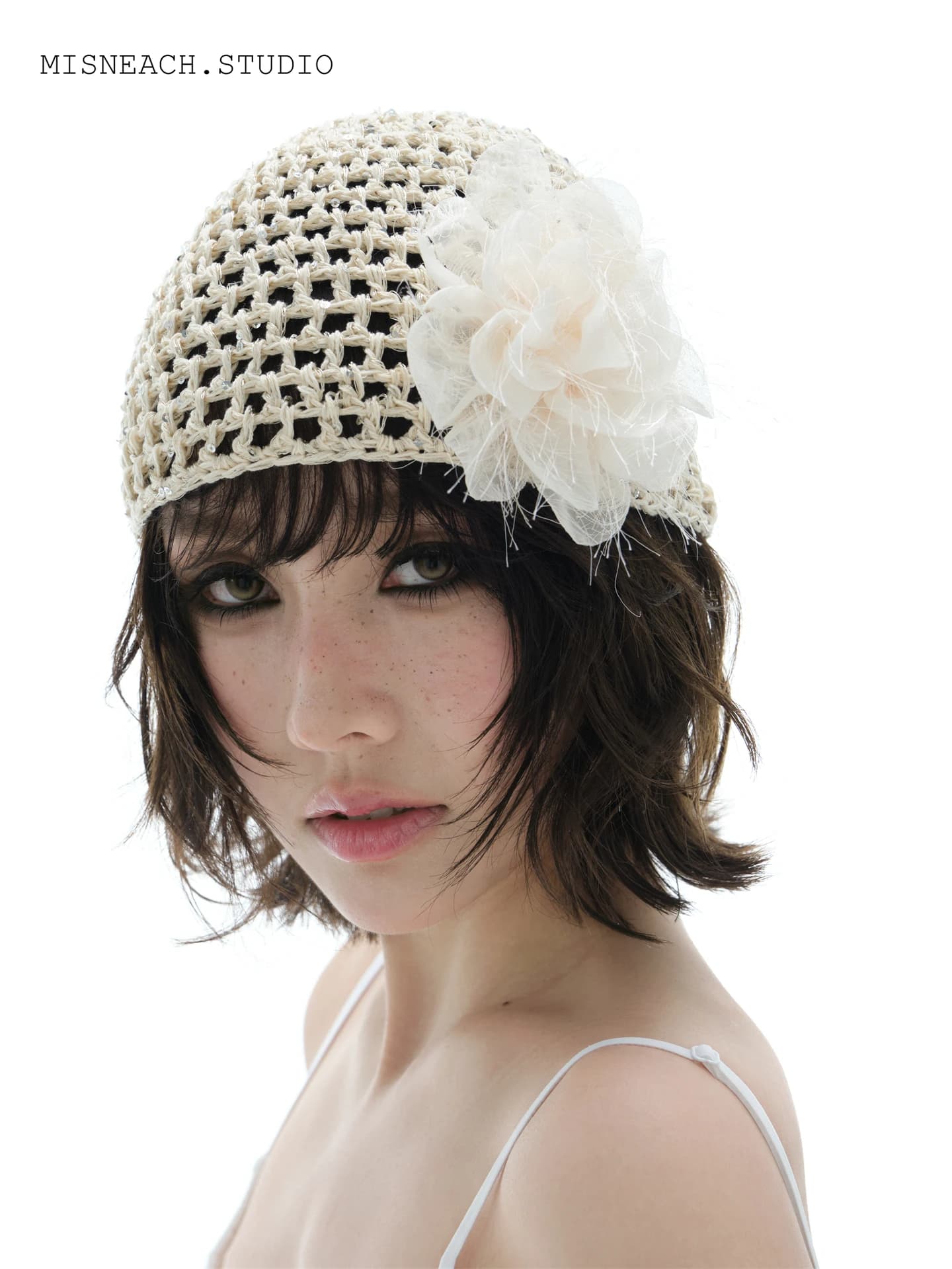 Hand Knitted Hollow out Knit Hat Women's Summer Vacation Ambient Feeling Floral Decorated Tunic Style Cap Breathable Ultra Thin