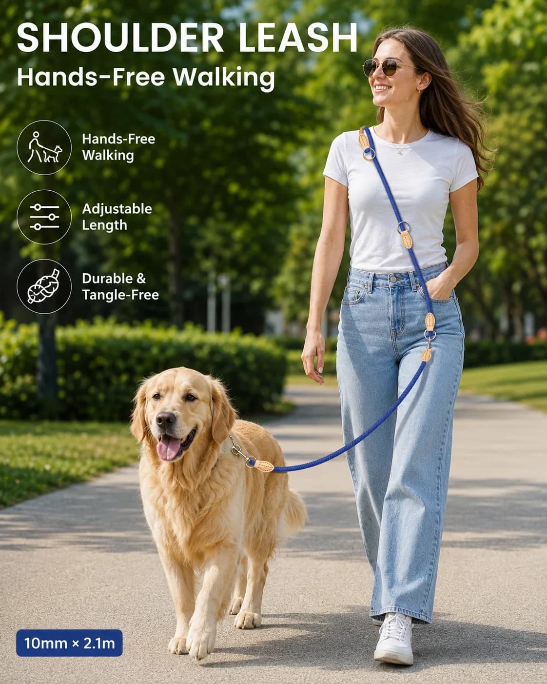 Multi-Function Double-End Dog Leash, Genuine Leather Adjustable Size, Crossbody Dog Walking Rope